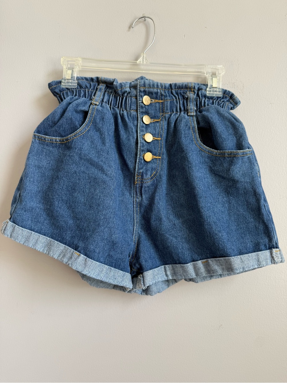 High-Rise Paperbag Denim Shorts with Button Front - Blue